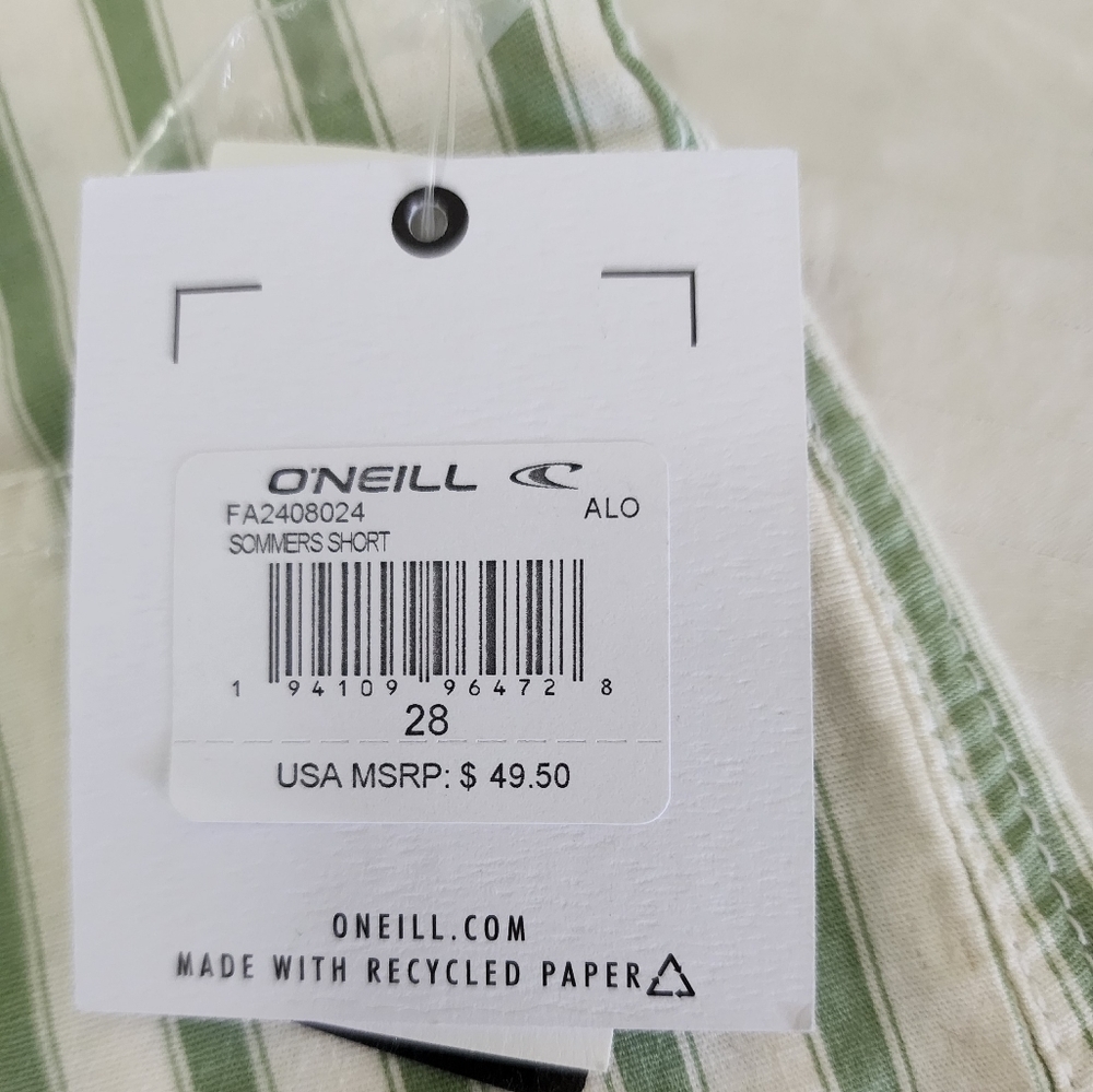 O'Neil Sommers Short White/ Green Striped Lightweight Summer Shorts size 28 - Picture 3 of 4